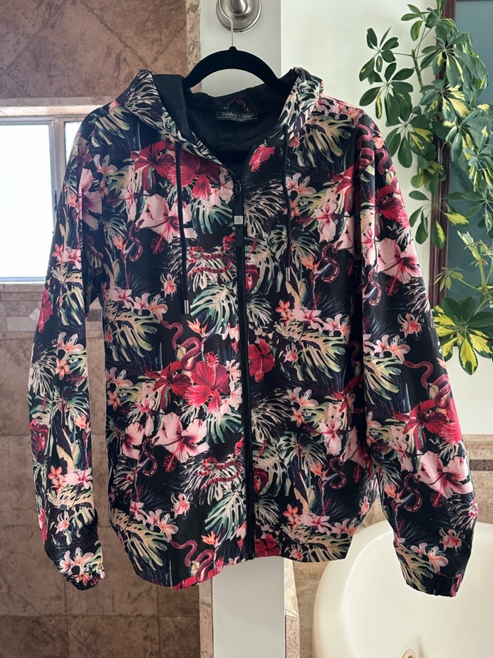 Paisley & Gray Black Hoodie Windbreaker Rain Jacket with Tropical Island Print - Picture 2 of 11